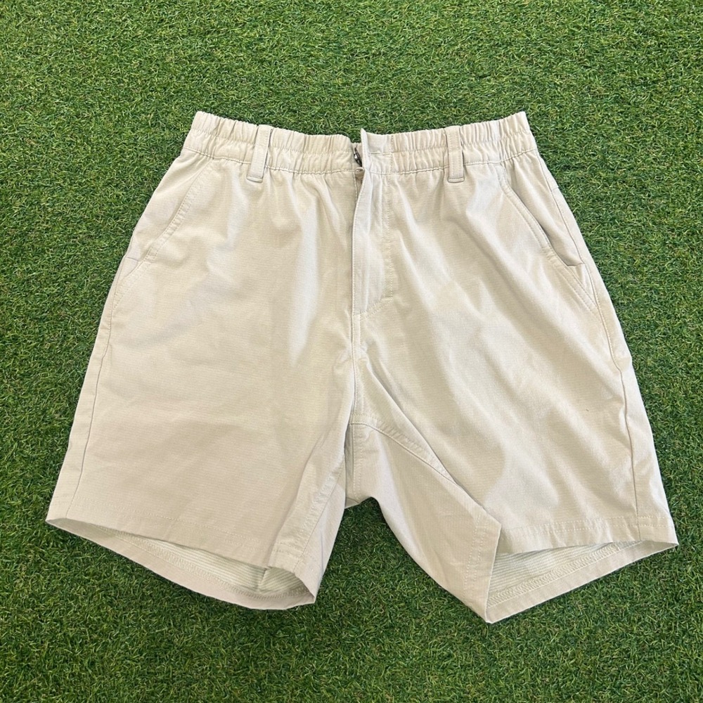 Columbia PFG Mens Small Tan Khaki Fishing Shorts Elastic Waist 6 Inch Inseam